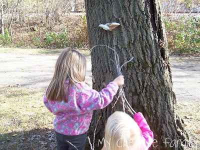 Two young girls examining the bark on a tree