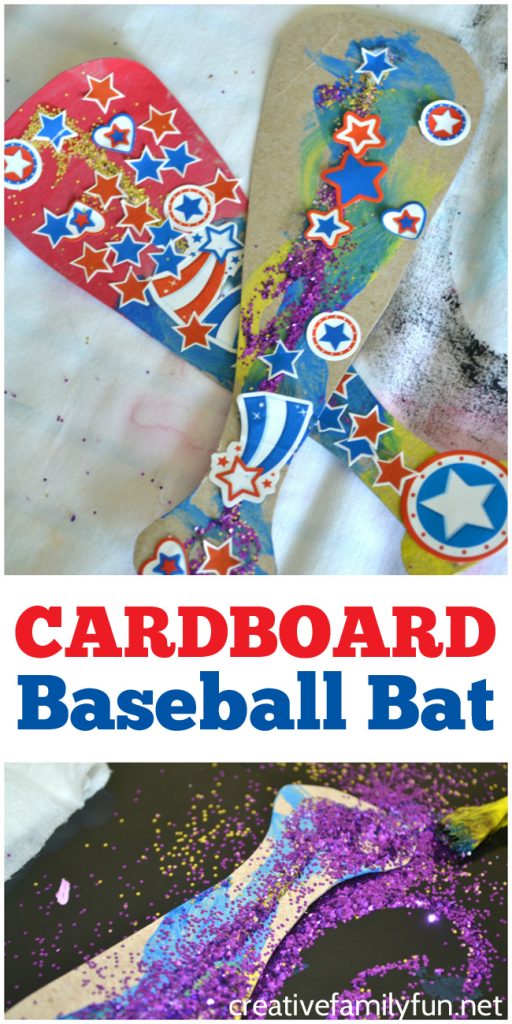 Grab a few supplies from the recycling bin and craft closet to make this fun colorful and glittery cardboard baseball bat kids craft.