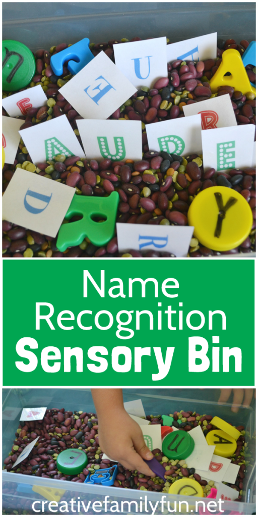 Set up a simple Name Recognition Sensory Bin to help your preschooler get ready for kindergarten. Kids will love this fun name recognition activity. #preschool #ece #CreativeFamilyFun