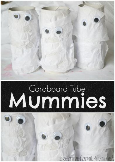 Grab some simple craft supplies and recycled materials for this cute Halloween craft: Cardboard Tube Halloween Mummy craft.