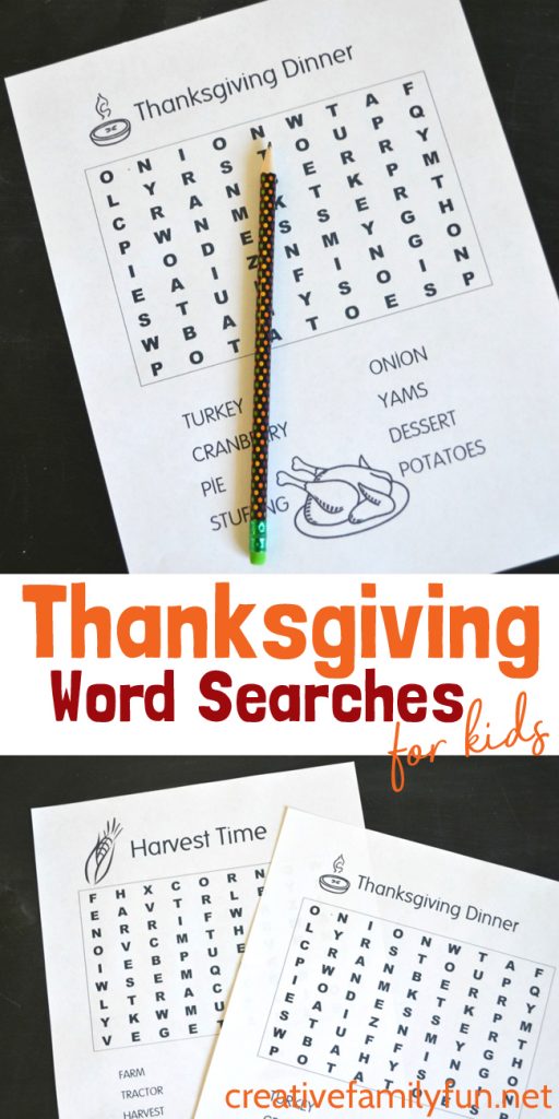 Print out one or both of these fun Thanksgiving Word Searches for kids. Get the Harvest Time word search and Thanksgiving Dinner word search here.