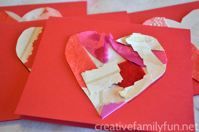 Make beautiful Valentines cards out of textured collages with this Collage Heart Valentines craft for kids. They're so much fun to make!