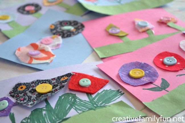 Grab some scrap fabric and buttons to make this pretty spring flower craft for kids. You can turn this craft into a fun note card to send to all your friends or it makes a fun Mother's Day gift for mom or grandma.