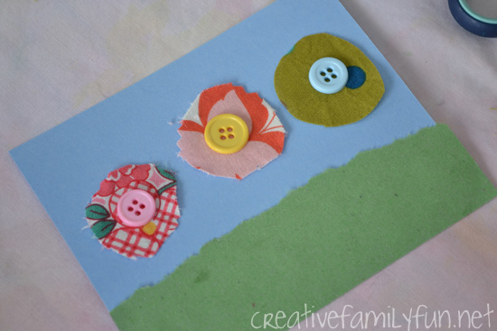 Grab some scrap fabric and buttons to make this pretty spring flower craft for kids. Turn this craft into a fun note card to send to all your friends.