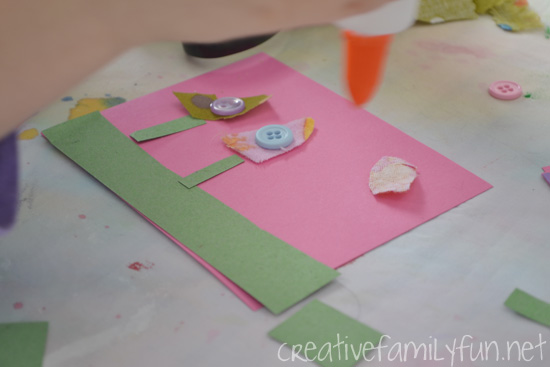 Grab some scrap fabric and buttons to make this pretty spring flower craft for kids. Turn this craft into a fun note card to send to all your friends.