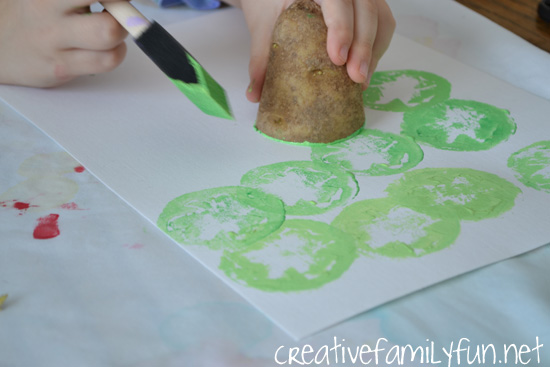 Use shamrock potato prints to decorate cards, paper, or notebooks with this fun printmaking project for St. Patrick's Day. It's a fun art project for all ages.
