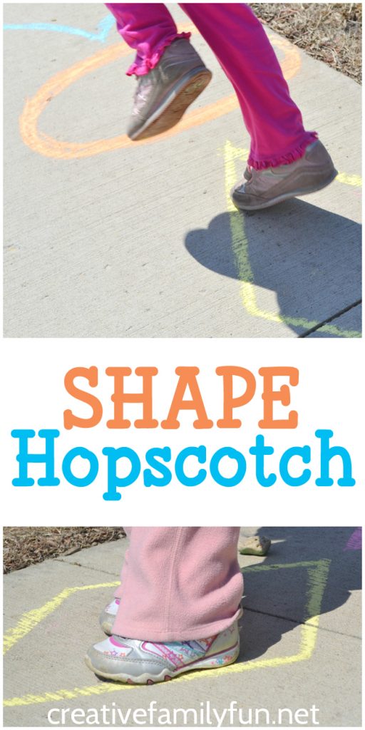 Two pictures of children playing shape hopscotch with the words shape hopscotch overlayed. You can see the children jumping on shapes drawn with sidewalk chalk on the driveway. 