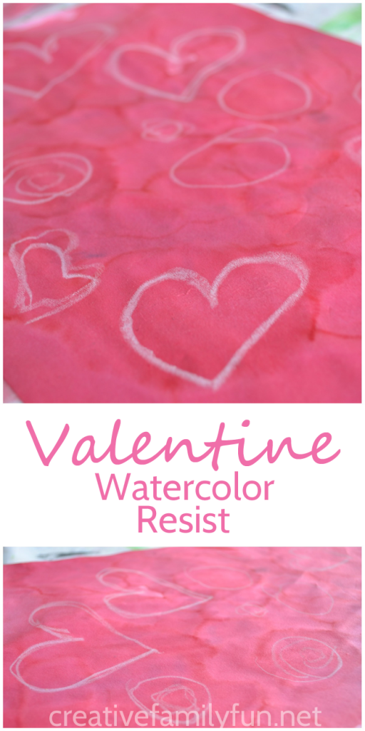 Make beautiful Valentine's Day kid art with a fun technique. These Valentine watercolor resist paintings are a fun process art project for February. #kidsart #ValentinesDay #CreativeFamilyFun