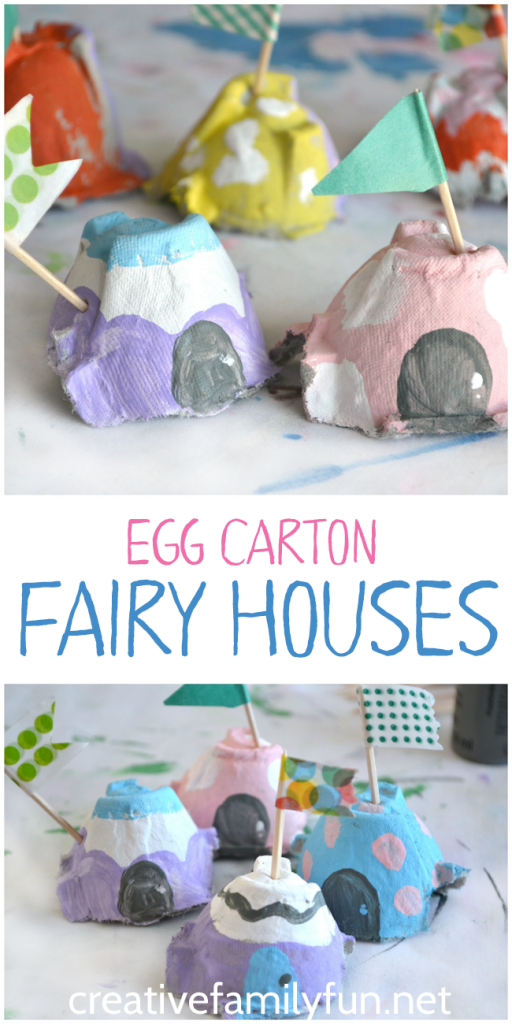 Use egg cartons to make a whole village of fairy houses. This fairy house craft is fun to create and fun for pretend play.
