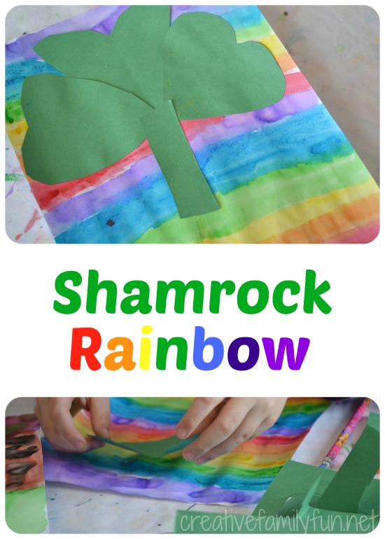 St. Patrick's day crafts for kindergarten kids using water paints to paint a purple, blue, green, yellow, red, and orange rainbow on a piece of paper and then making a 3 leaf clover using green construction paper.