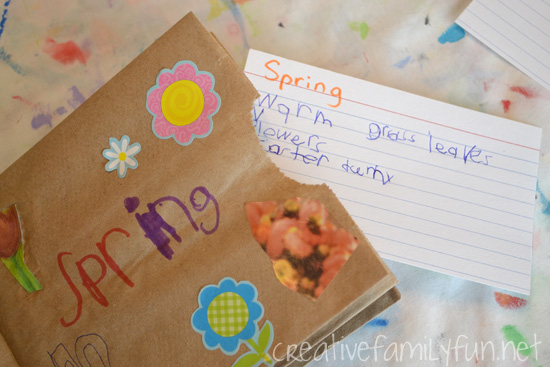 A paper bag book is a fun homemade book for kids to make. Put one together and then fill the pages and pockets with information about the four seasons. 