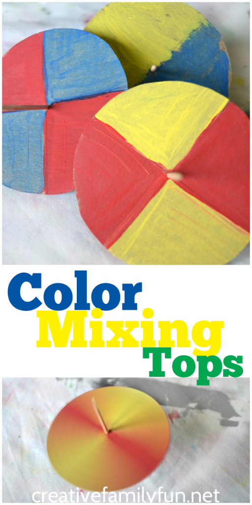 Use these fun spinning tops as a lesson in color with this color mixing STEM activity. It's so fascinating to watch the colors mix while they spin!