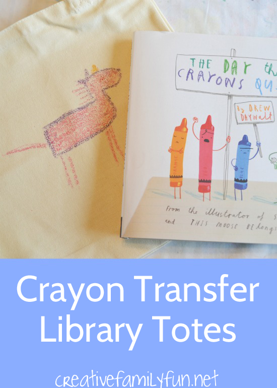Draw on sandpaper and transfer your design to a fun bag when you make these Crayon Transfer Library Totes inspired by The Day The Crayons Quit.
