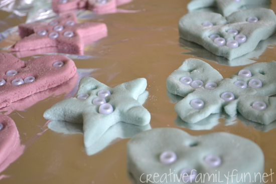 Use colored salt dough and pony beads to make these pretty salt dough ornaments that can be used for Christmas or year-round decorations.