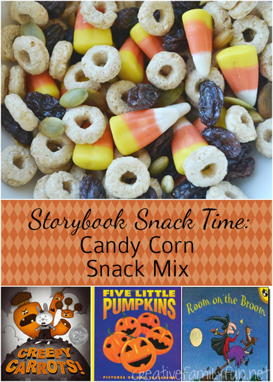 Make a simple and delicious Candy Corn Snack Mix to pair with a fun Halloween book. It's a great snack that kids can make themselves.