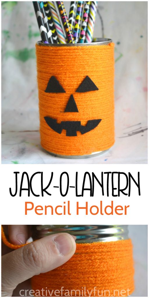 Store your Halloween pencils in this simple yarn wrapped Jack-O-Lantern Pencil Holder. It's a fun Halloween craft for kids and tweens. 