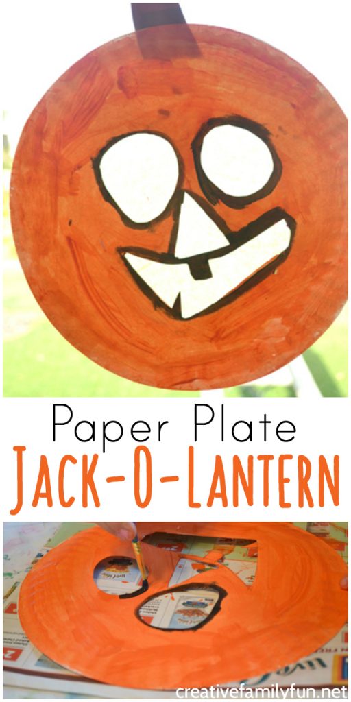 Grab some paper plates for this simple Halloween craft for kids: Paper Plate Jack-O-Lantern. It looks great hanging in a window!