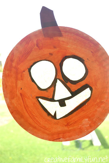 Grab some paper plates for this simple Halloween craft for kids: Paper Plate Jack-O-Lantern. It makes a great suncatcher too!