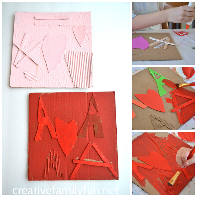 Use recycled materials to make a fun Monochromatic Collage Valentine's Day art project. Make art using texture to create a stunning single color project.