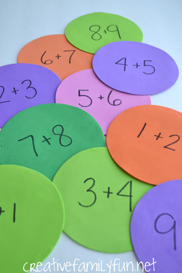 Learn and move with this fun math facts game, Math Facts Islands. This gross motor math fun is a fun way to practice and a great way to move after school.