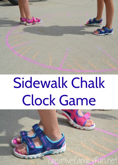 This outdoor clock game is a fun way to get outside, get moving, and practice telling time with a giant sidewalk chalk clock.