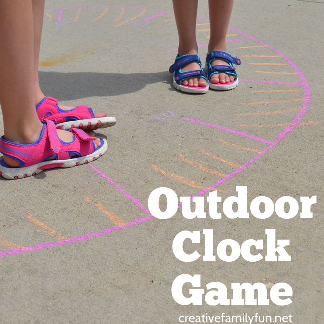 This outdoor clock game is a fun way to get outside, get moving, and practice telling time with a giant sidewalk chalk clock.
