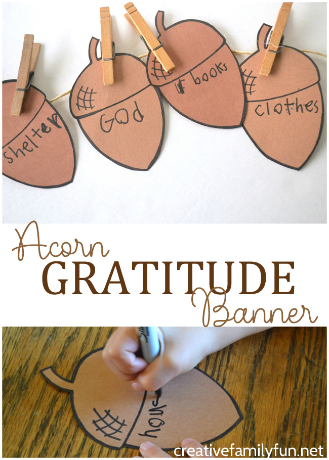 This simple Acorn Gratitude Banner craft for kids is a great Thanksgiving craft to help you reflect on all that you are thankful for.