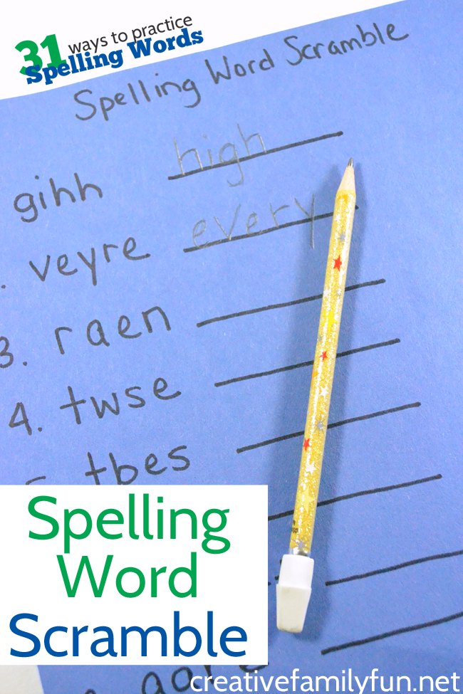 Turn your spelling list into a fun Spelling Word Scramble game. It's a fun way to practice spelling words and turns homework time into game time.
