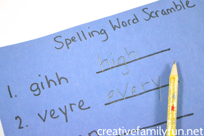 Turn your spelling list into a fun Spelling Word Scramble game. It's a fun way to practice spelling words and turns homework time into game time.