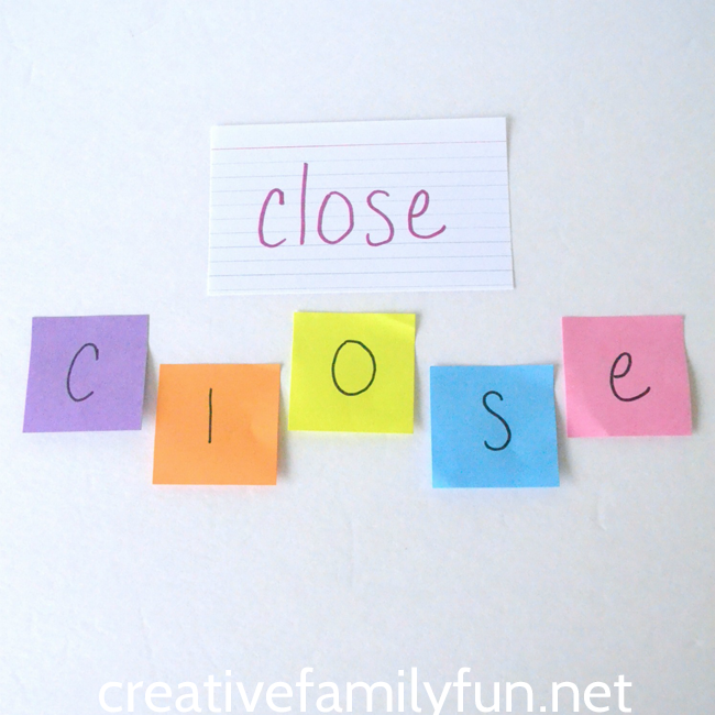 If you're looking for a creative way to practice spelling words, you'll want to try this activity. Grab a pack of sticky notes and use them to build words.
