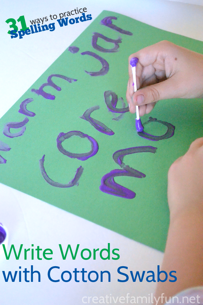 Make spelling fun by putting the pencil aside and grabbing something fun to write with, like this activity to write spelling words with cotton swabs.