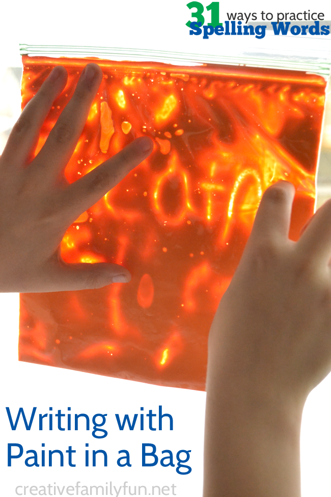 A child is using their finger to write words on a baggy filled with orange paint. The words "writing with paint in a bag" is on the image.