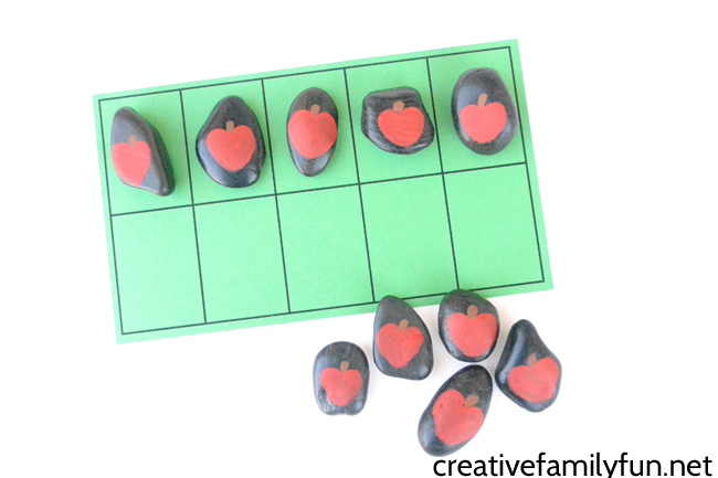Make a set of apple counting rocks for some fun math activities. You can use them to count, to add, to subtract, or with a ten frame.