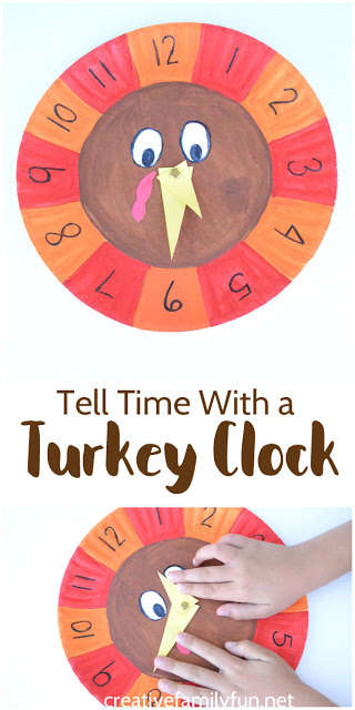Practice telling time with a turkey clock. It's a fun Thanksgiving math activity that your kids will love. It's perfect for homeschool or classrooms.