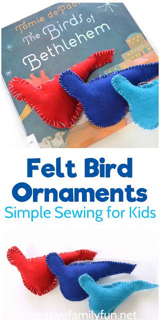 Make this simple felt bird ornament inspired by the book The Birds of Bethlehem by Tomie dePaola. It's a simple sewing project for kids.