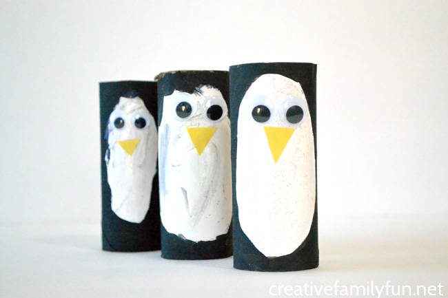 penguin craft made with toilet paper roll and paint