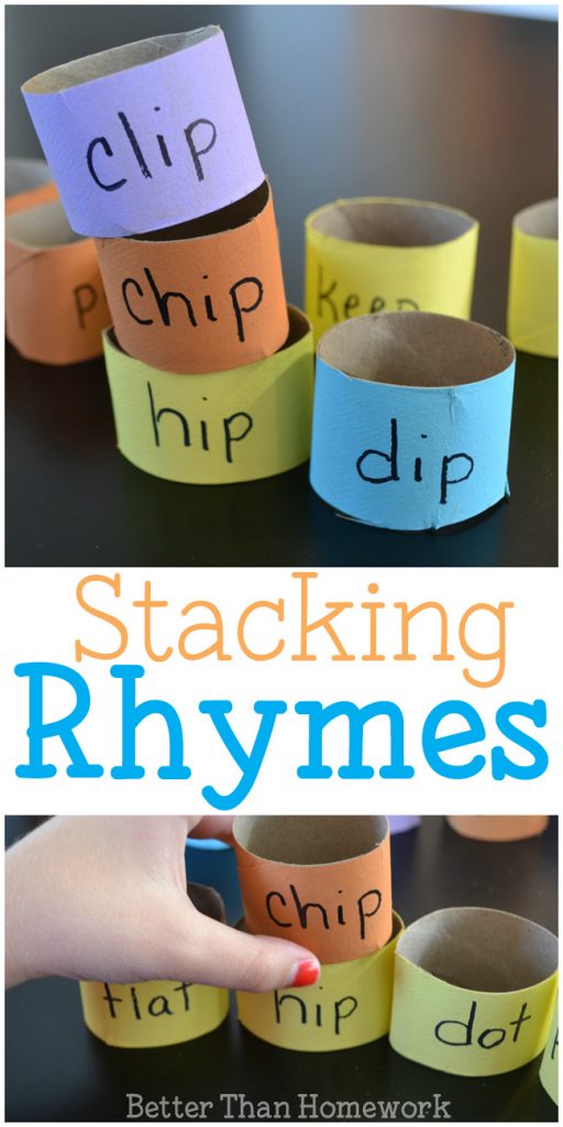 Practice rhyming words with this simple DIY reading game for kids, stacking rhyming words. Build towers out of rhymes and see how high you can make them! #rhyming #literacy #kindergarten #BetterThanHomework