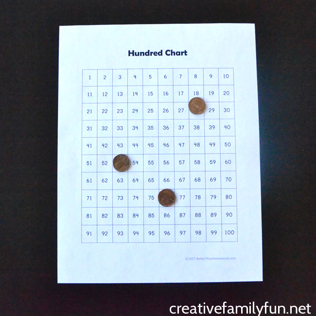 Guess the hidden number on the hundred chart with this easy math game for kindergarten and first grade, Hundred Chart Hidden Number Game.