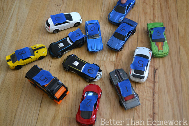 Use toy cars to practice making ten with this fun math activity for kids.