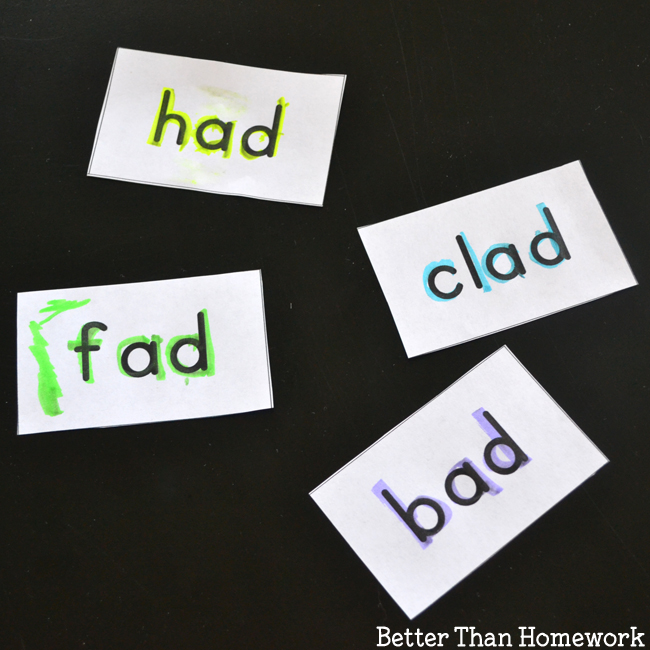 Highlighter Words is a simple -ad word family activity to help beginning readers. Includes printable word family cards to make the activity easy to set up.