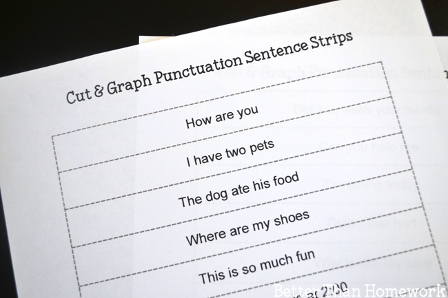 Practice end punctuation with this simple, printable punctuation game. Cut out the sentence strips and add them to the punctuation graph.