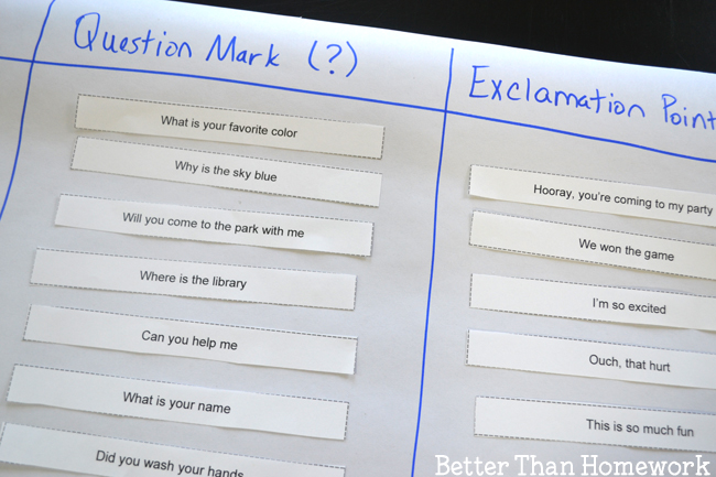 Practice end punctuation with this simple, printable punctuation game. Cut out the sentence strips and add them to the punctuation graph.