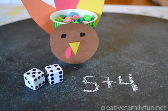Use addition to fill the turkey with this fun Thanksgiving Addition Game for kids. Roll the dice, add the numbers, and fill the turkey.