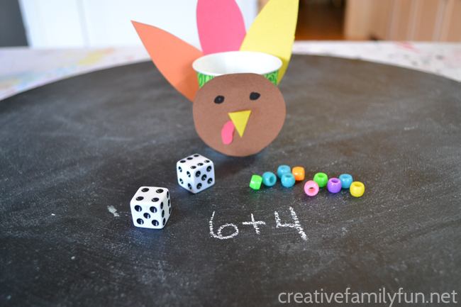 Use addition to fill the turkey with this fun Thanksgiving Addition Game for kids. Roll the dice, add the numbers, and fill the turkey.