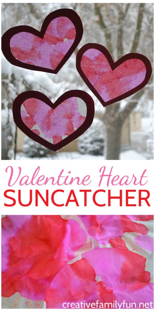 Make one Coffee Filter Valentine Heart Suncatcher or several to decorate your windows this Valentine's Day. This fun kid's craft uses simple supplies and is easy to make. #ValentinesDay #kidscraft #CreativeFamilyFun