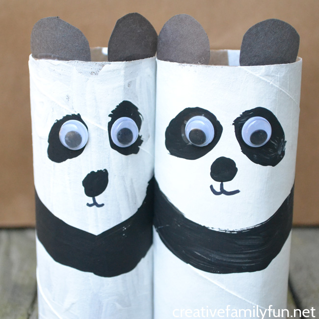 Create a pretend play zoo and add this simple cardboard tube panda craft. It's a simple and fun craft for kids that makes use of recycled materials.