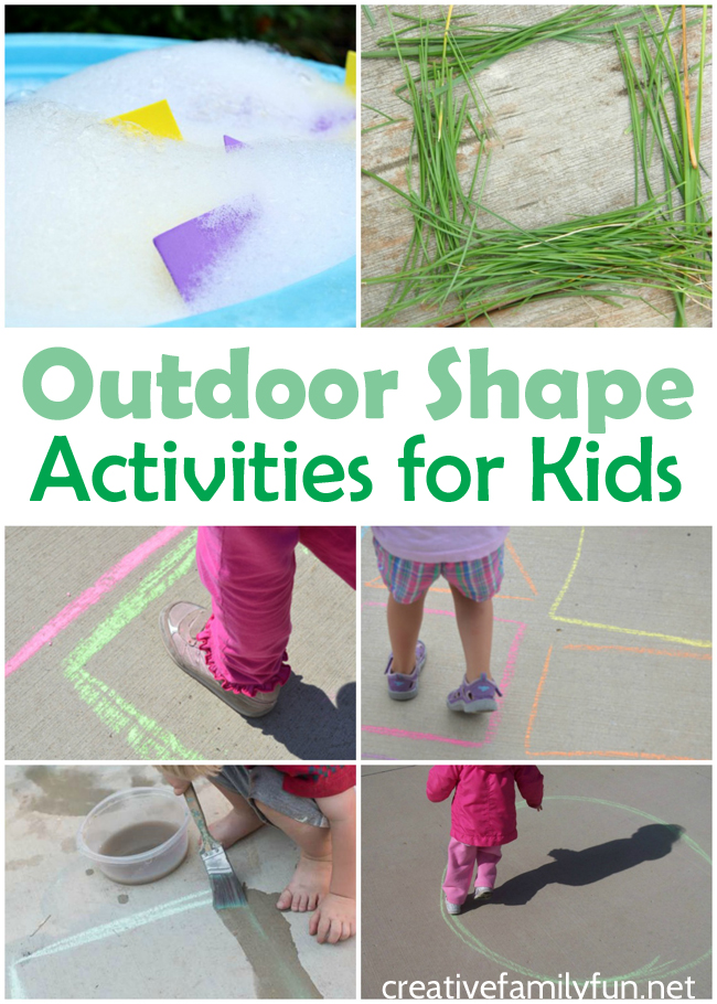 Outdoor shape activities for kids collage showing water play, grass shapes, and sidewalk chalk shapes.