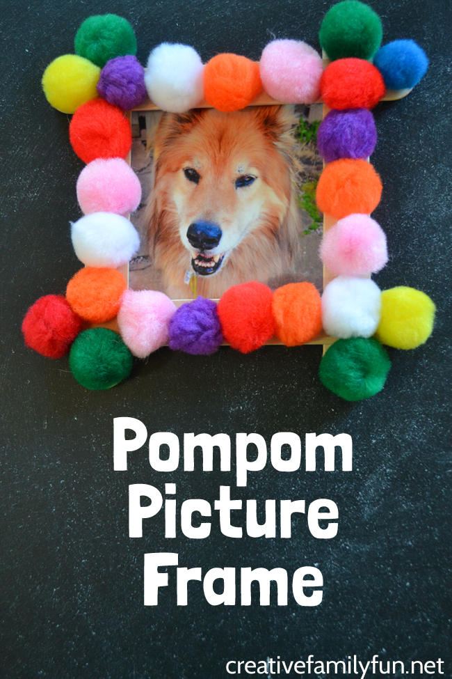 You can make this fun and simple pompom picture frame to display your favorite pictures in this easy craft for kids or tweens.