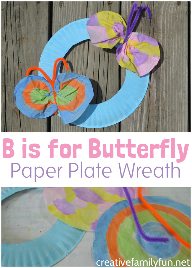 Create a pretty butterfly paper plate wreath with simple supplies. This is perfect for a preschool springtime unit or letter B unit.