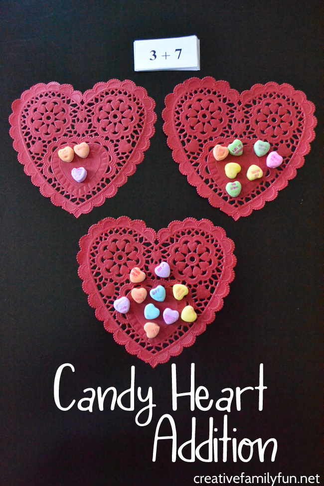Use a fun candy treat to practice math with Candy Heart Addition Valentine's Day Math Activity. It's fun way to practice adding!